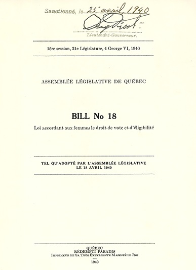 Page couverture de la Loi accordant aux femmes le droit de vote et d’éligibilité