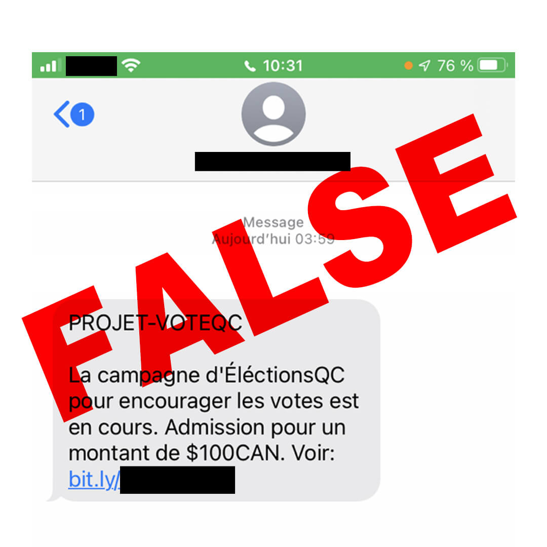 False: Projet-VoteQC La campagne d'ÉlectionsQC pour encourager les votes est en cours. Admission pour un montant de $100CAN. Voir: bit.1y/...