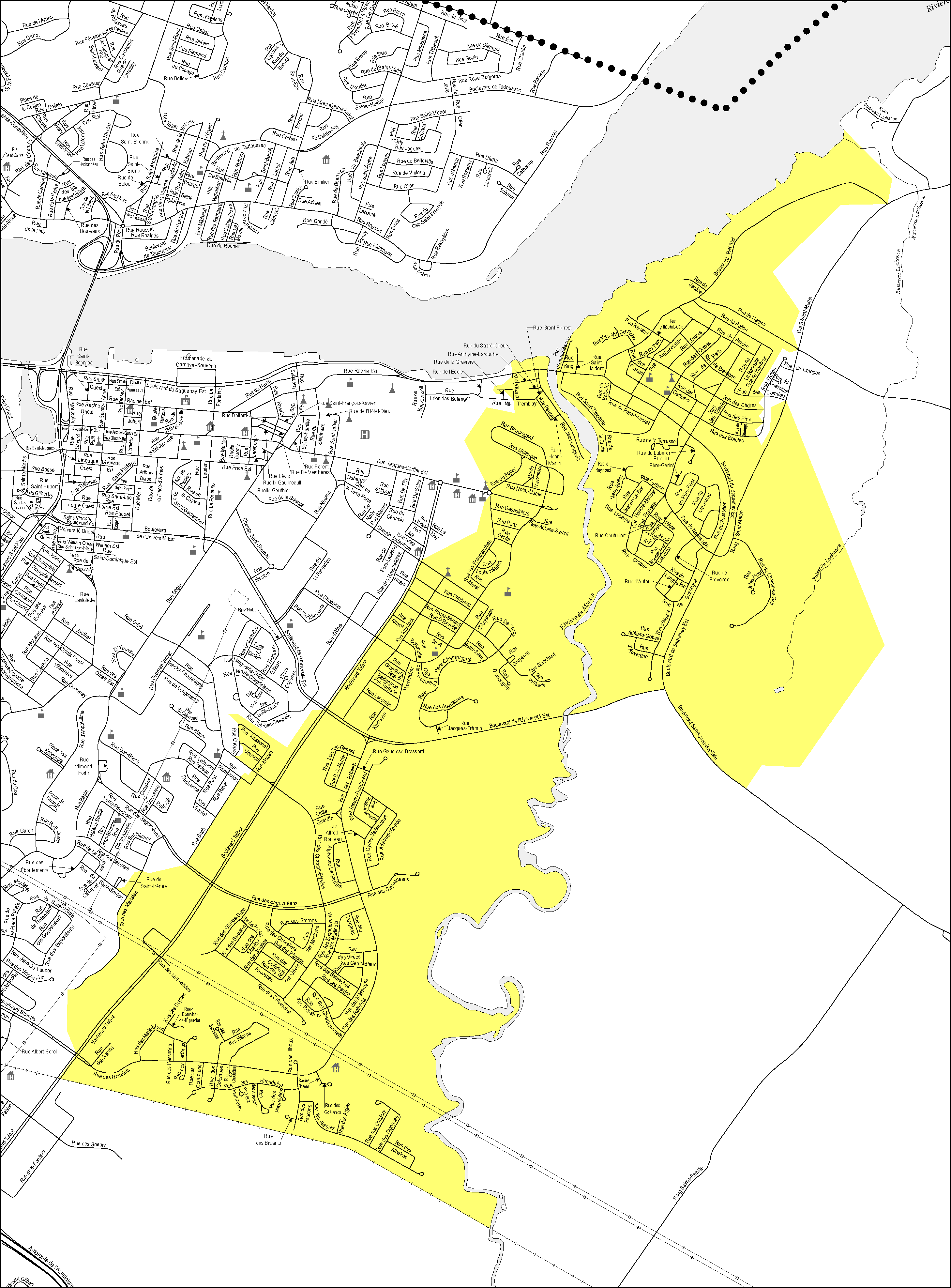 Map of the area within the Chicoutimi electoral division where electors must cast their ballots in advance at the La Saguenéenne hotel.
