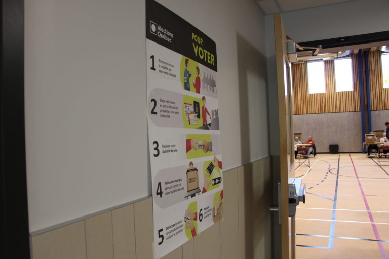 Affiche officielle décrivant les six étapes pour voter avec le logo d’Élections Québec. Sur la droite de la photo, on voit l’entrée d’un gymnase où se trouvent deux bureaux de vote et des membres du personnel.