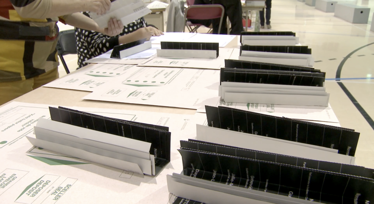 Plan serré d’une table sur laquelle se trouvent des piles de bulletins de vote dépouillés qui seront classés dans des enveloppes en vue d’être conservés. Derrière la table, un membre du personnel montre un bulletin de vote à une collègue qui prend note du vote.