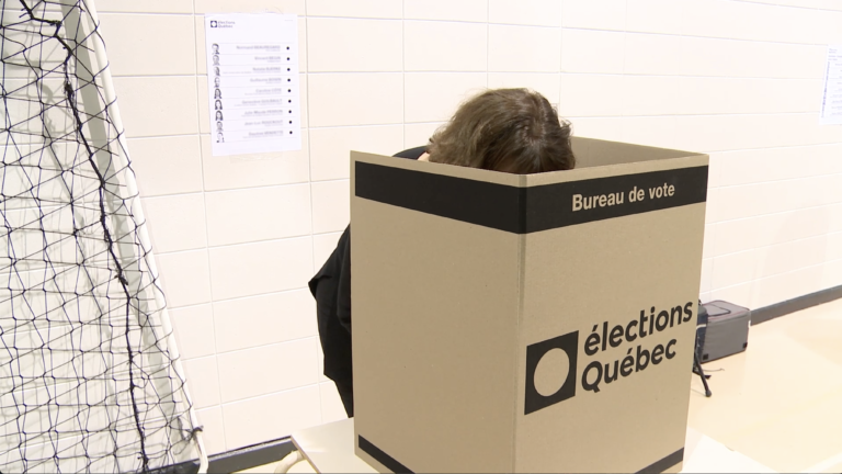 Une personne vote secrètement derrière un isoloir.