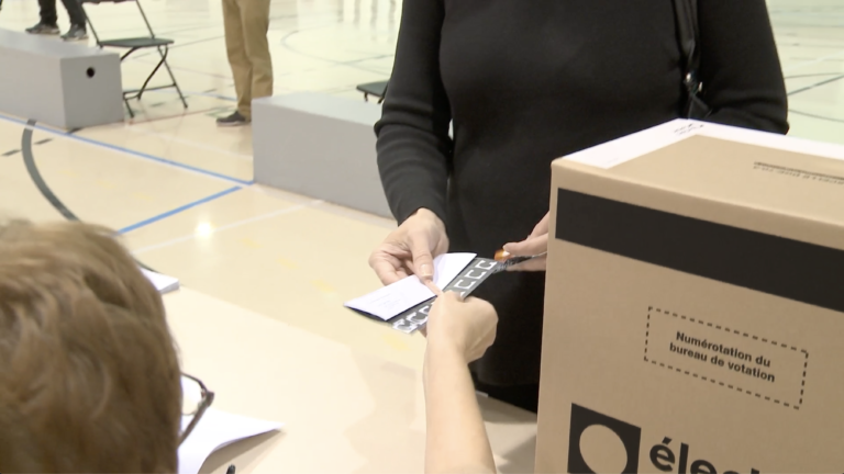 Gros plan d’un membre du personnel qui donne un bulletin de vote à une électrice.