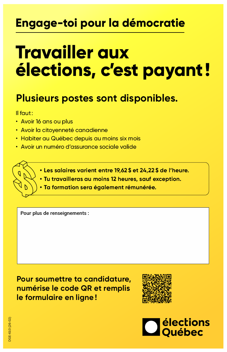 Engage-toi pour la démocratie. Travailler aux élections, c'est payant!