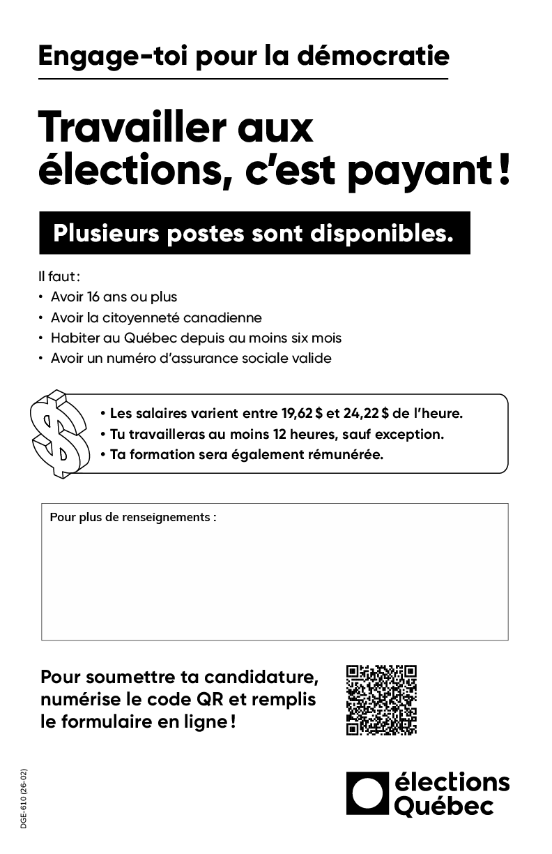 Engage-toi pour la démocratie. Travailler aux élections, c'est payant!